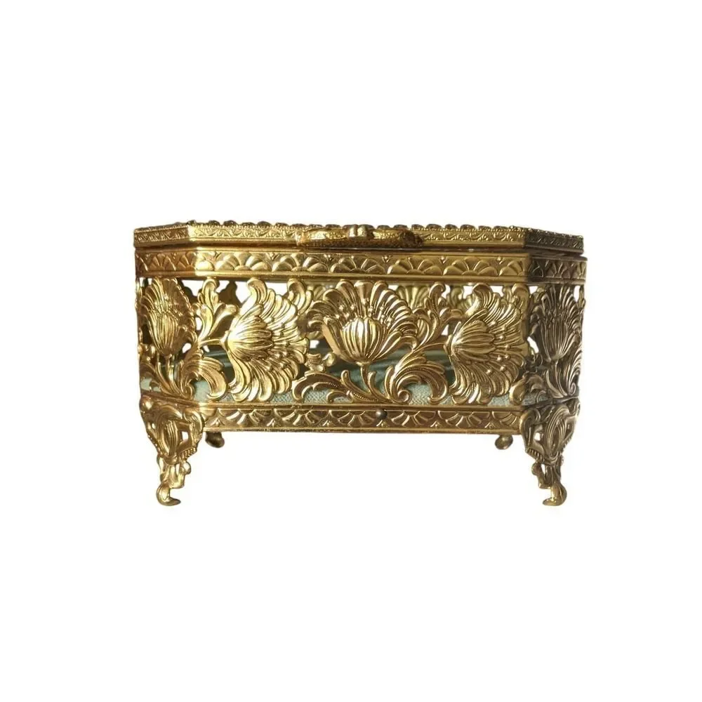 French 1920s filigree  brass & glass casket Ormolu gilt jewelry box EXCELLENT!